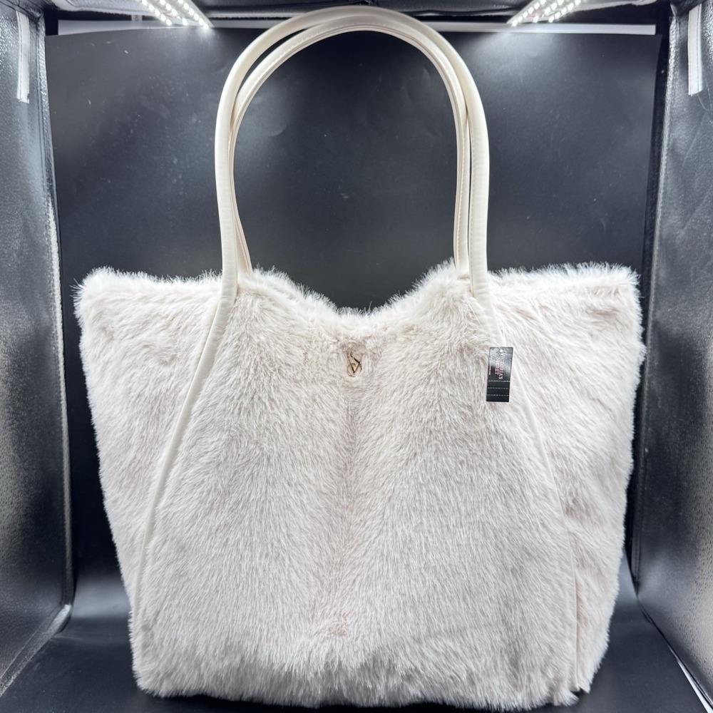 NEW Victorias Secret Faux-Fur Tote Bag Cream & White Faux Leather Shoulder Purse
